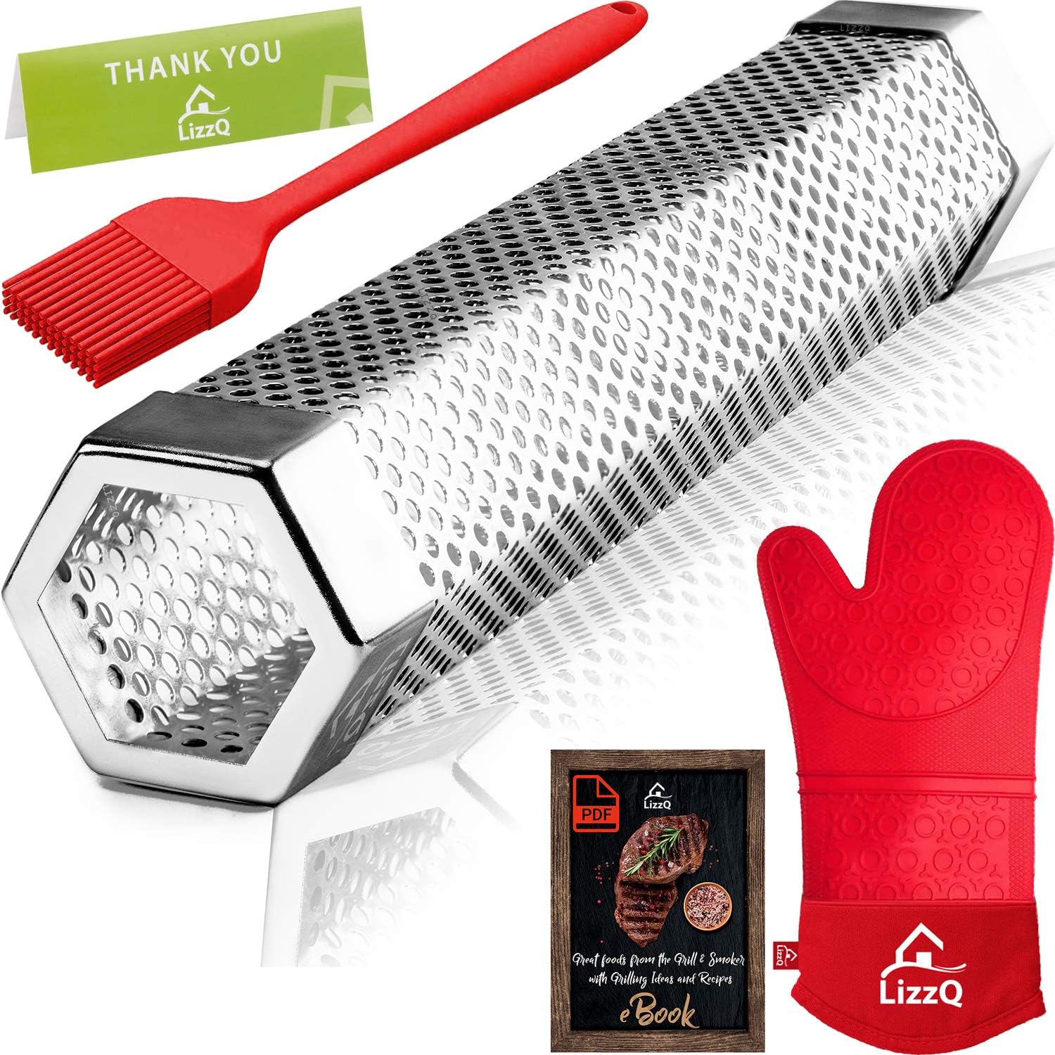 Premium Pellet Smoker Tube 12 inches - 5 Hours of Billowing Smoke | for Any Grill or Smoker, Hot or Cold Smoking, Stainless Steel 304, Silicone Oven Mitt (Set of 1) & Basting Brush, Free eBook