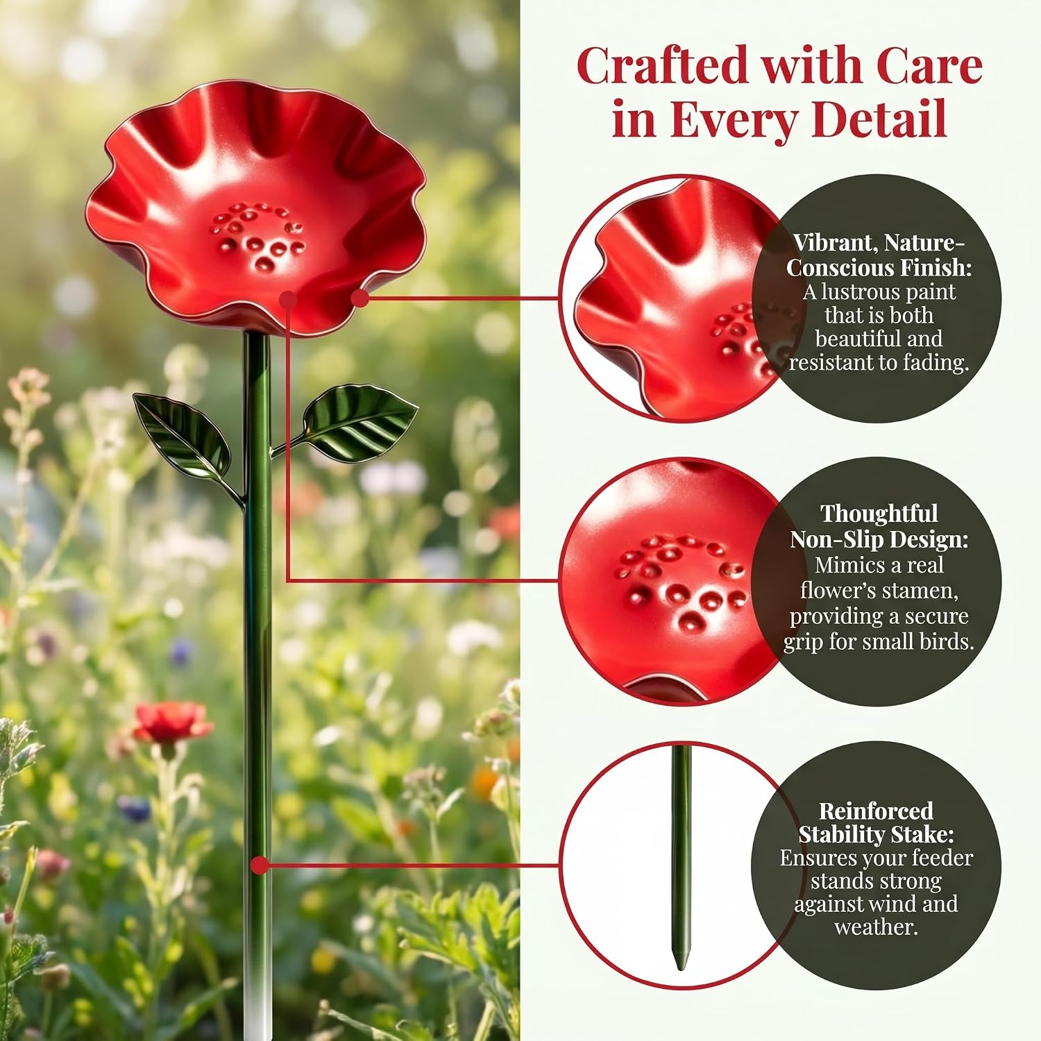 Metal Flower Garden Stakes Bird Bath, Bee Watering Station for Garden with Bee Baths and Butterfly Feeder, Decorative Outdoor Yard Art Flowers, Small Hummingbird Bath Gift for Bird Lovers, Red