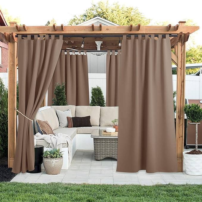 NICETOWN Porch Curtainss Outdoor Waterproof for Patio Set of 2, Self-Stick Tab Top Blackout Indoor Outdoor Dividers Vertical Blinds Keep Privacy for Pergola/Patio, W52 by L84 inches, Tan