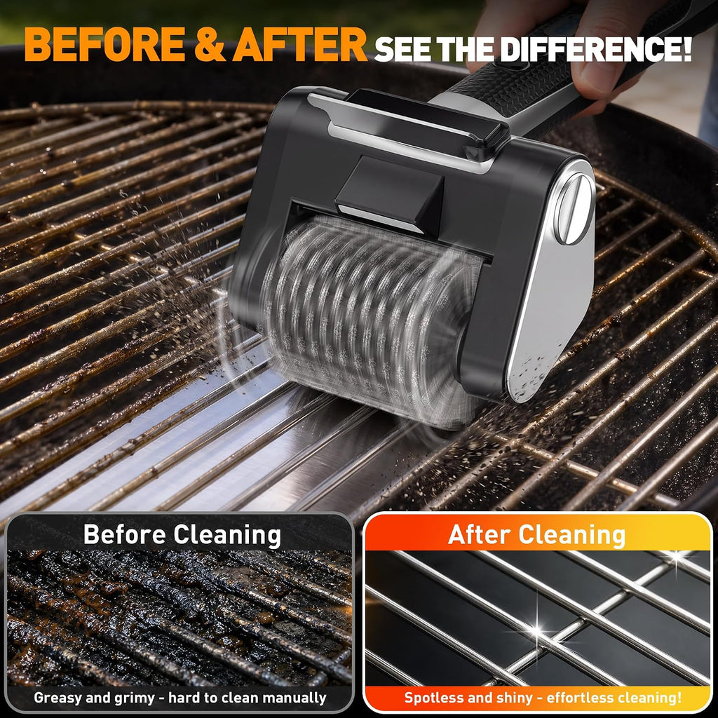 Electric Grill Brush, 4000mAh Rechargeable, 3 Speed Settings, LED Light, Detachable Stainless Steel Head, Support Rollers, Rotating Cleaning Brush – Suitable for Outdoor BBQ Grills, Black