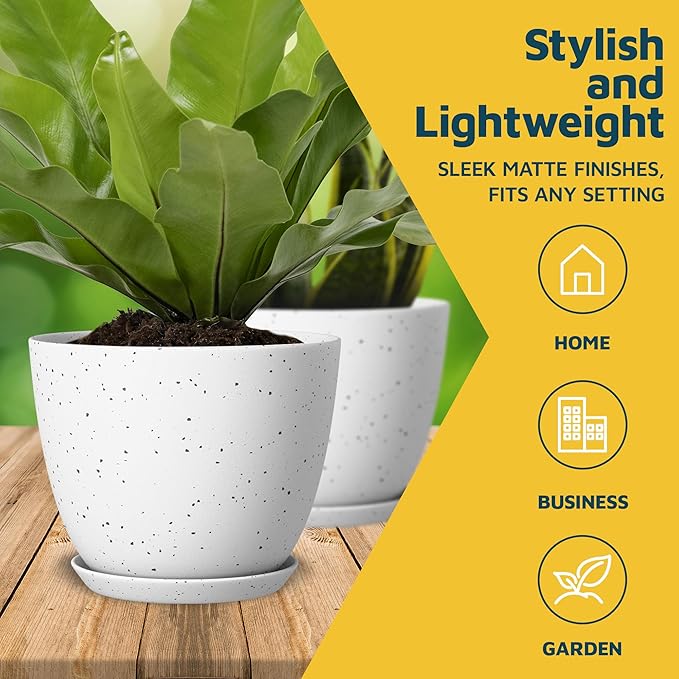 White Gray Plant Pots with Drainage Holes & Saucers 10 Pack, Indoor & Outdoor Stackable Space-Saving Planters for Houseplants & Flowers, (7", 6.7", 6", 5.3", and 4.8" Inches), Durable & Weatherproof