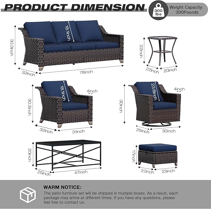 Joyside Wicker Patio Furniture Sets, 8 Pieces Upgraded Large Size Outdoor Furniture with 4 Swivel Rocking Patio Chairs, 3-Seat Sofa, Fire Table, Coffee Table, Thick Cushions, Wide Armrest, Blue