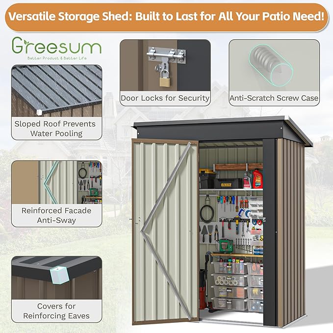 Greesum 5×3FT Outdoor Storage Shed, Metal Patio Storaged Sheds with Lockable Doors, Sheds & Outdoor Storage for Bike, Backyard, Pool and Garden, Brown