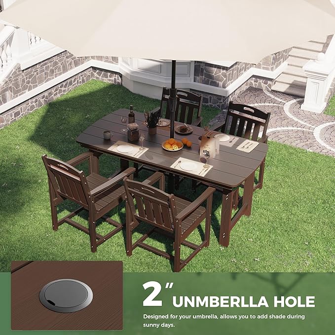 5-Piece Outdoor Dining Furniture Set with Chairs, All-Weather HDPE Patio Table and 4 Chairs, Umbrella Hole, for Garden Backyard or Deck - Brown
