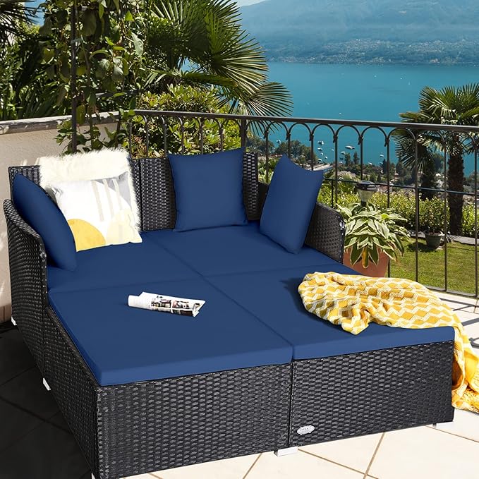 COSTWAY Outdoor Patio Rattan Daybed, Sponge Cushioned Loveseat Sofa with 4 Pillows, Wicker Furniture Sunbed for Balcony, Courtyard (Navy Blue)