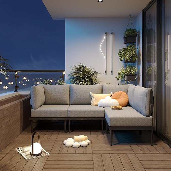 Sundale 5 Pieces Outdoor Patio Furniture Set, Metal Sectional Sofa Patio Conversation Set with Coffee Table, Modern Patio Corner Couch for Balcony, Porch, Sunroom
