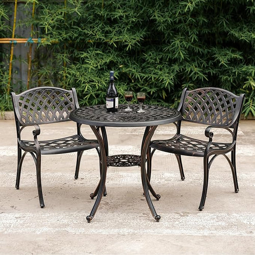 31" Round Patio Dining Table with Umbrella Hole, Cast Aluminum Bistro Table Outdoor Side Table for Backyard, Garden, Patio, Porch