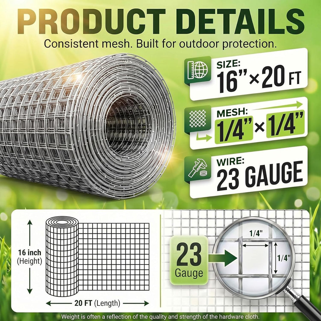 HIHADUUM 16'' x 20' Hardware Cloth 1/4 inch 23 Gauge, Hot-dip Galvanized After Welding, Chicken Coop Wire Fence Wire Mesh Screen, Rabbit/Snake Fences, Netting Wire Cloth Galvanized Wire Mesh Roll | Rust-Resistant Protection for Gardens, Poultry & Outdoor