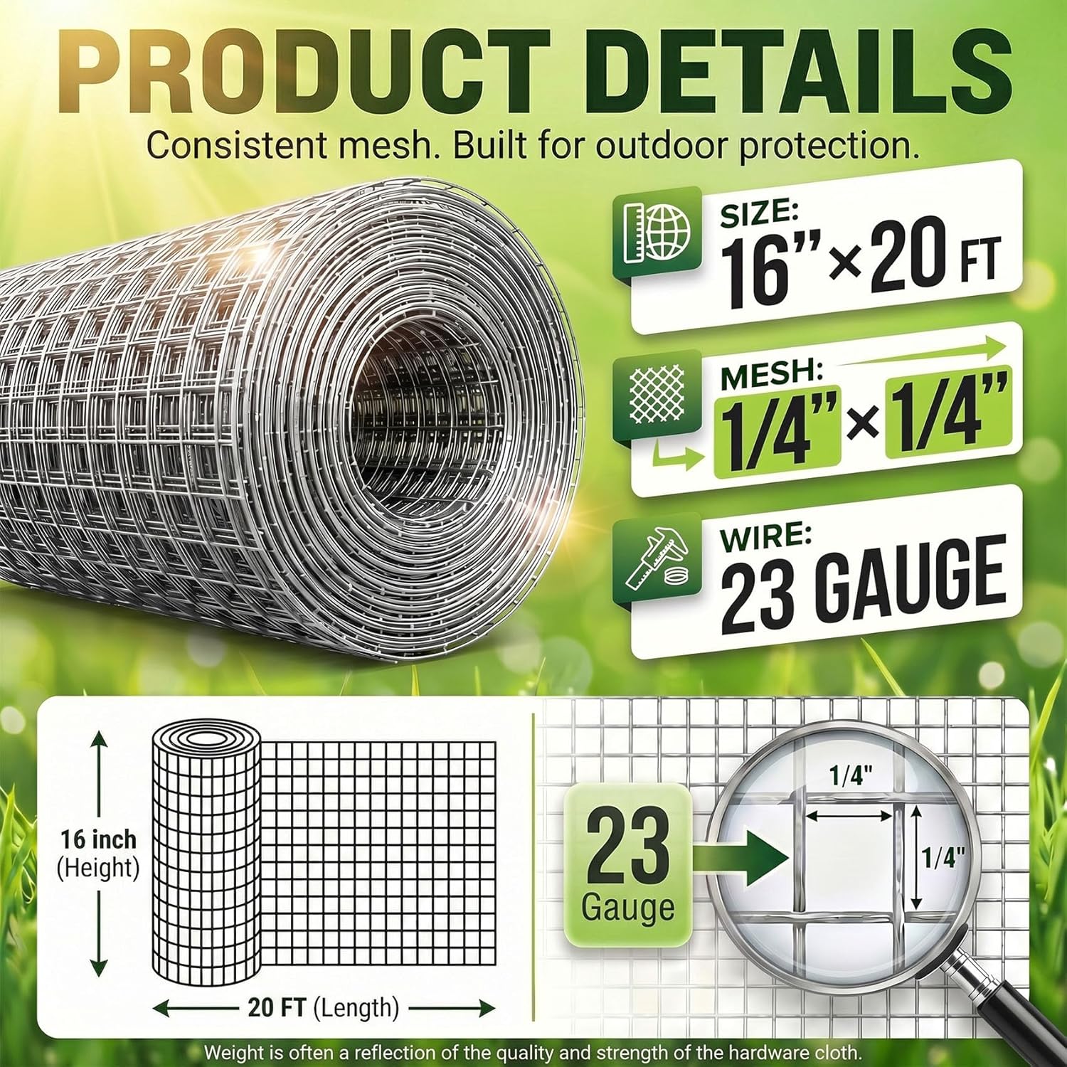 HIHADUUM 16'' x 20' Hardware Cloth 1/4 inch 23 Gauge, Hot-dip Galvanized After Welding, Chicken Coop Wire Fence Wire Mesh Screen, Rabbit/Snake Fences, Netting Wire Cloth Galvanized Wire Mesh Roll | Rust-Resistant Protection for Gardens, Poultry & Outdoor