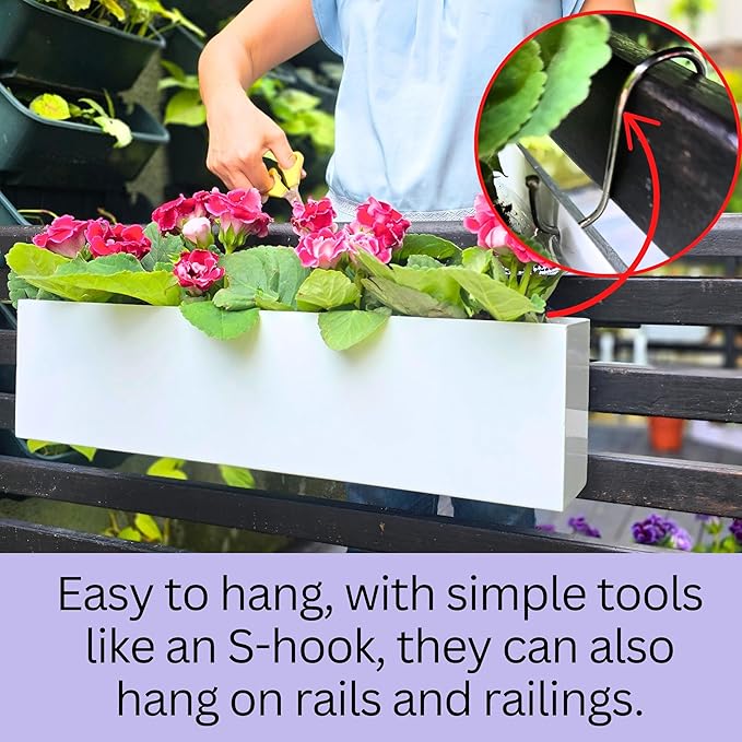 LaLaGreen Wall Planters (30 Inch, 2 Pack) White Carbon Steel Metal Hanging Flower Pots, Long Rectangular Wall Mount Window Box Planter for Succulents, Floating Shelf Outdoor Fence Deck Garden Decor