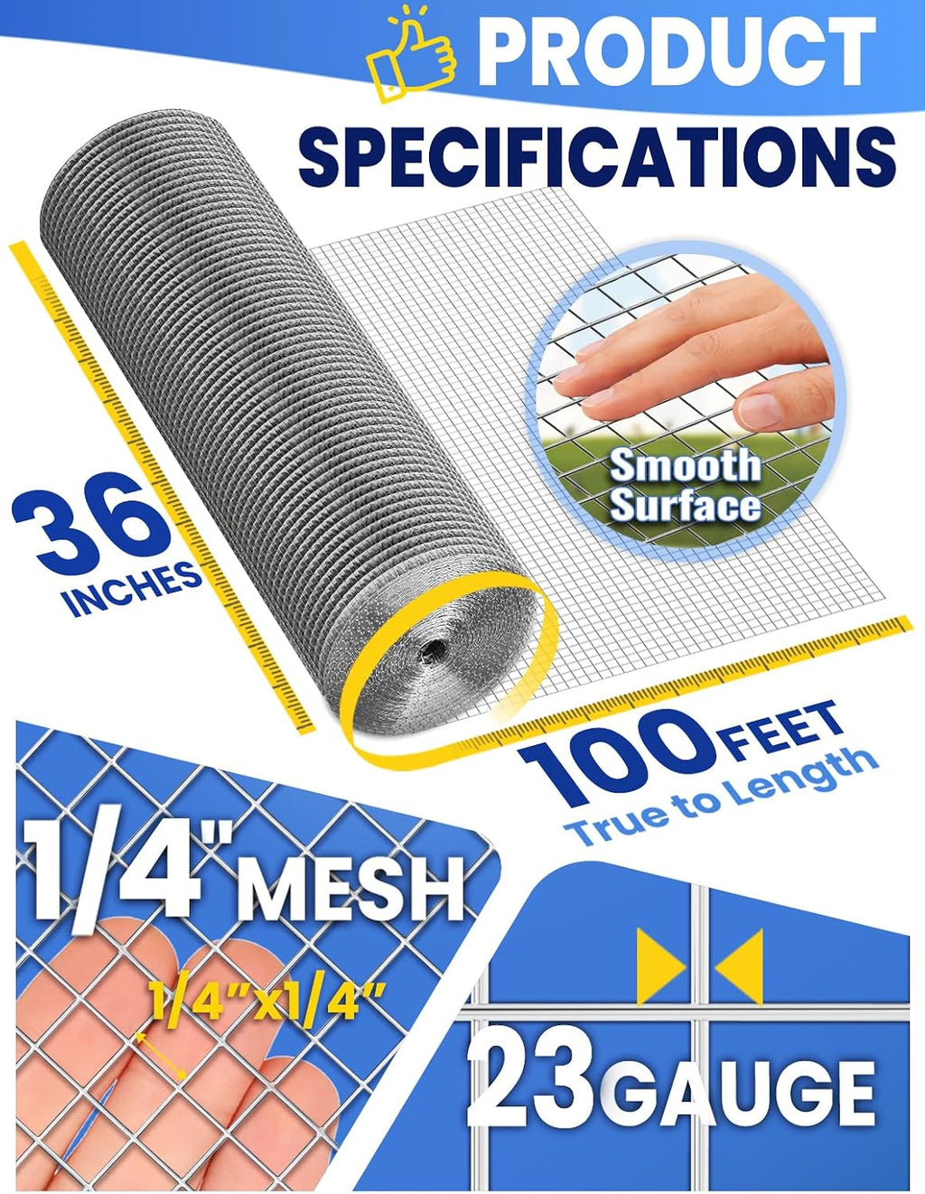 Hardware Cloth 1/4 in. 36in. x 100ft. Hot-dip Galvanized After Welding, 23 Gauge, Wire Fence Roll Chicken Wire Mesh Roll Garden Fencing