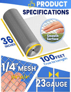 Hardware Cloth 1/4 in. 36in. x 100ft. Hot-dip Galvanized After Welding, 23 Gauge, Wire Fence Roll Chicken Wire Mesh Roll Garden Fencing
