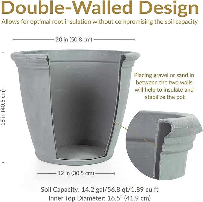 Sunnydaze 20-Inch Anjelica Large Plastic Pot for Plants - Outdoor Double-Walled Large Plastic Planter with Drillable Drainage Holes - Light Gray - 4pk