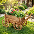 giantex wood wagon planter, rustic rolling flower pot, front angle view