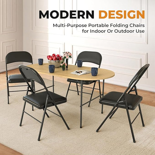 4 Pack Leather Chair | Foldable & Stackable | 350 lbs Capacity Steel Frame Seats for Indoor or Outdoor | Commercial Use Events Wedding Party Events Bulk Picnic Kitchen Dining - Black