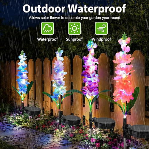 4 Pack Color Changing Solar Lights Outdoor Waterproof, Solar Delphinium Flower Stake Lights Auto ON/Off Solar Garden Lights for Spring Lawn Pathway Landscape Birthday Gifts for Mom Women Grandma
