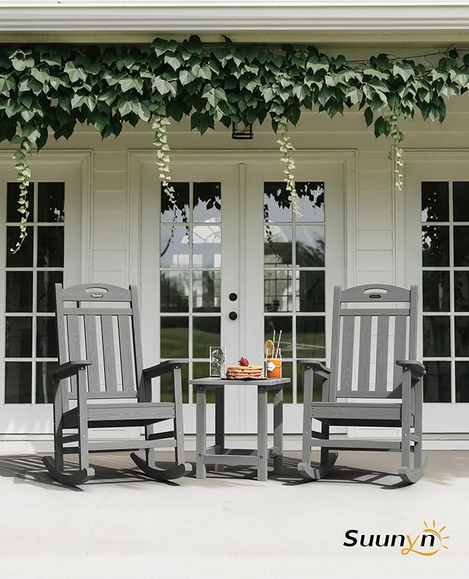 Oversized Rocking Chair Outdoor, High Back Porch Rocker Chair, HDPE All Weather Resistant Rocking Chairs for Patio, 380lbs Weight Capacity, Grey