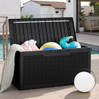 JUMMICO 100 Gallon Resin Deck Box with Cushion, Waterproof Outdoor Storage Box with Lockable Lid for Garden Tools, Patio Cushions (Black)