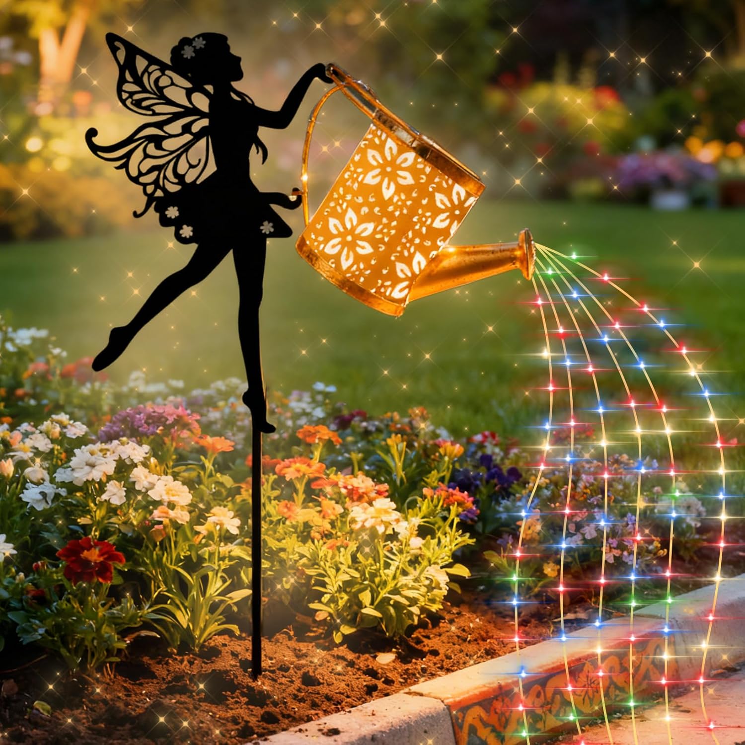 Solar Powered Fairy Water Bottle Light, Garden Decorative Iron Beautiful Fairy Flowing Water Bottle Ground Lamp, Wireless Twilight to Dawn LED Light Waterproof.