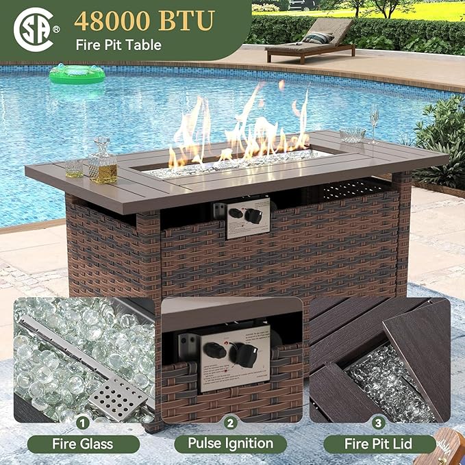 Aoxun 8-Piece Outdoor Patio Furniture Set - 44” Fire Pit Table, Durable Wicker Rattan Sectional Sofa with Coffee Table, Comfy Thickened Cushions, Blue (Waterproof Cover Included)