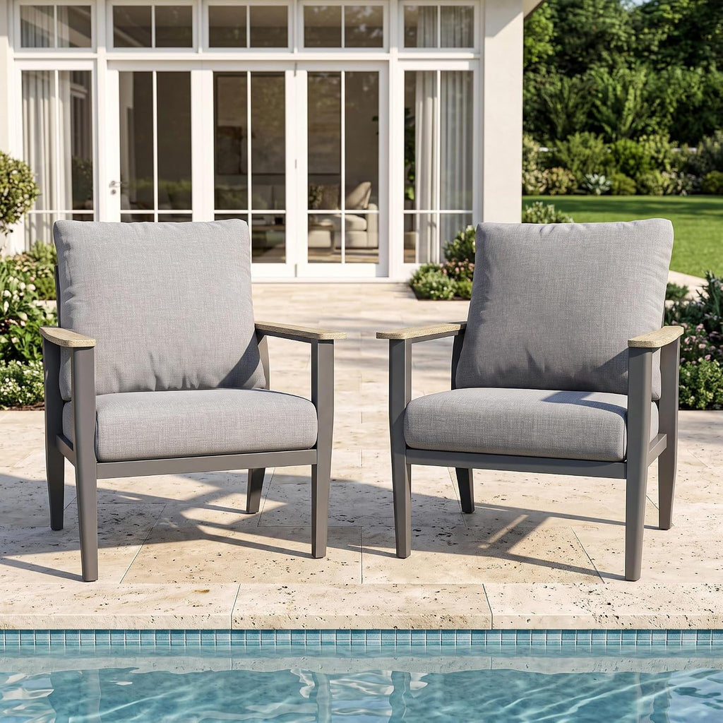 Aluminum Outdoor Patio Chair Set with 5.1-Inch Thick Cushions | 2-Piece: 2 Wood-Look Armrest Club Chairs for Porch, Deck & Balcony, Gray