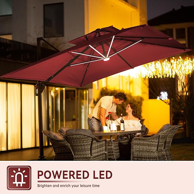 10 X 13 FT Cantilever Outdoor Patio Umbrella with Base Included with Led Lights Large 360° Rotation Double Top Offset Heavy Duty Rectangular Umbrellas for Backyard Outside Deck, Wine Red