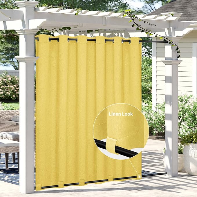 Easy-Going Linen Look Outdoor Curtains Waterproof Windproof Porch Curtains, Soft Thicken Outdoor Privacy Curtains for Patio, Gazebo, Grommet Top and Tab Bottom Drape, 1 Panel, 110x84 inch, Yellow
