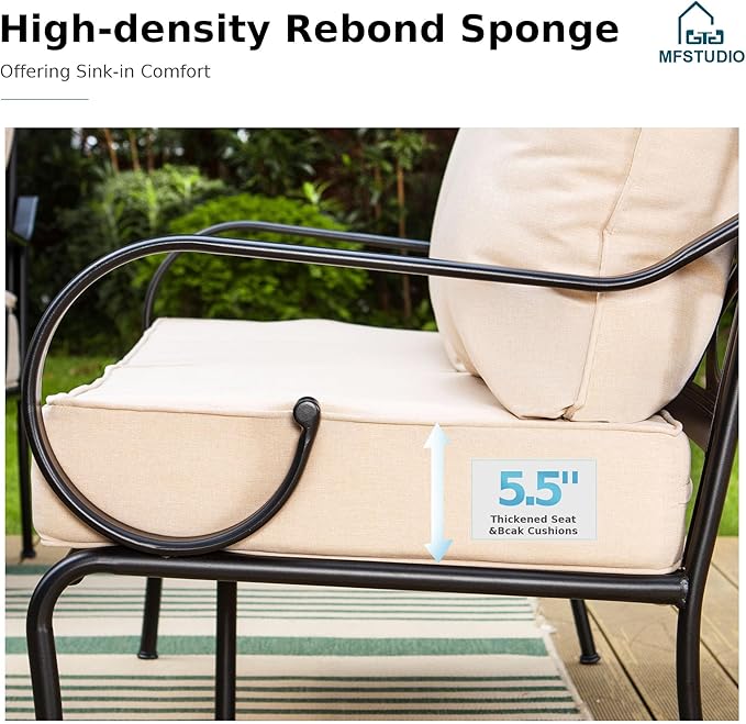 MFSTUDIO 5 Seats Large Metal Patio Conversation Sets, 4 Pieces Outdoor Patio Furniture Sofa with 2 Motion Chairs, 1 3-seat Sofa and Table for Outside Balcony Backyard Poolside