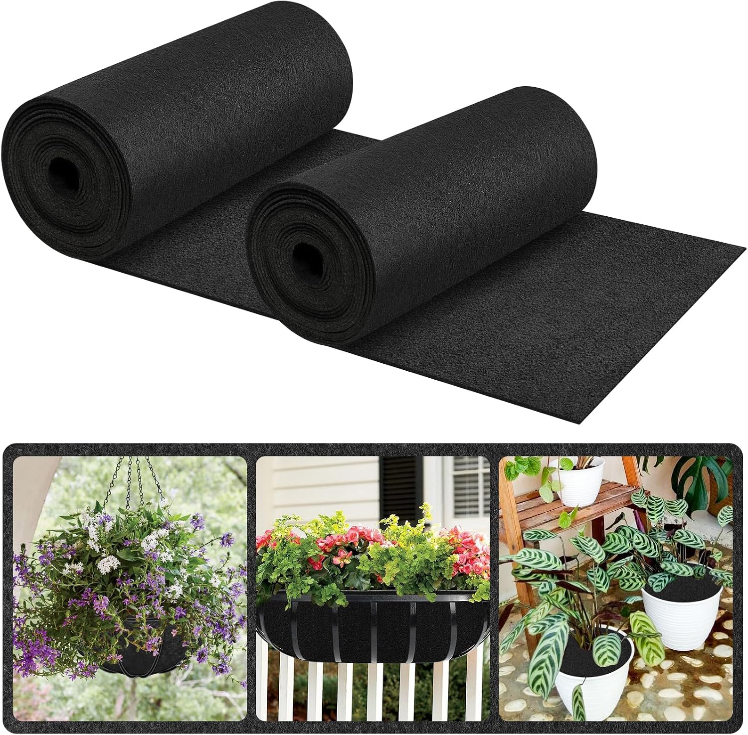 Riare 16x120 Inch Black Felt Planter Liner Roll- 2 Rolls Non-Woven Fabric Planter Liner for Outdoor Plants, Coco Liner Roll Alternative Basket Planter Liner for Planters Hanging Basket Window Box
