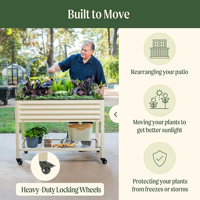 Rolling Elevated Raised Garden Bed-V Series, 2' x 6' Garden Beds with Legs & Storage Rack for Patio & Porch, 1000 Lbs Weight Capacity, Outdoor Planter Box for Vegetables Flower Herbs, Pearl White