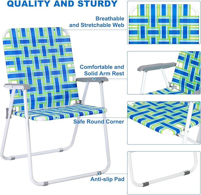 VINGLI Patio Lawn Webbed Folding Chairs Outdoor Beach Portable Camping Chair for Yard, Garden (4, Blue, Oversized)