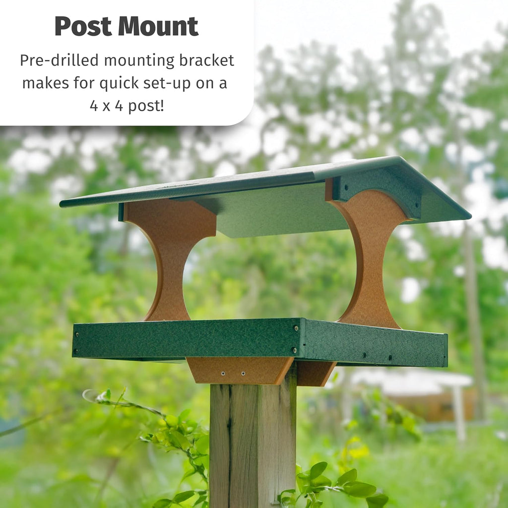 DutchCrafters Amish USA Made Poly Extra Large Fly Through Bird Feeder Post Mount for 4" x 4", Covered Bird Feeder Open Platform Seed Tray for Outdoor, Outside, Garden, Yard (Turf Green & Cedar)
