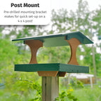 DutchCrafters Amish USA Made Poly Extra Large Fly Through Bird Feeder Post Mount for 4" x 4", Covered Bird Feeder Open Platform Seed Tray for Outdoor, Outside, Garden, Yard (Turf Green & Cedar)