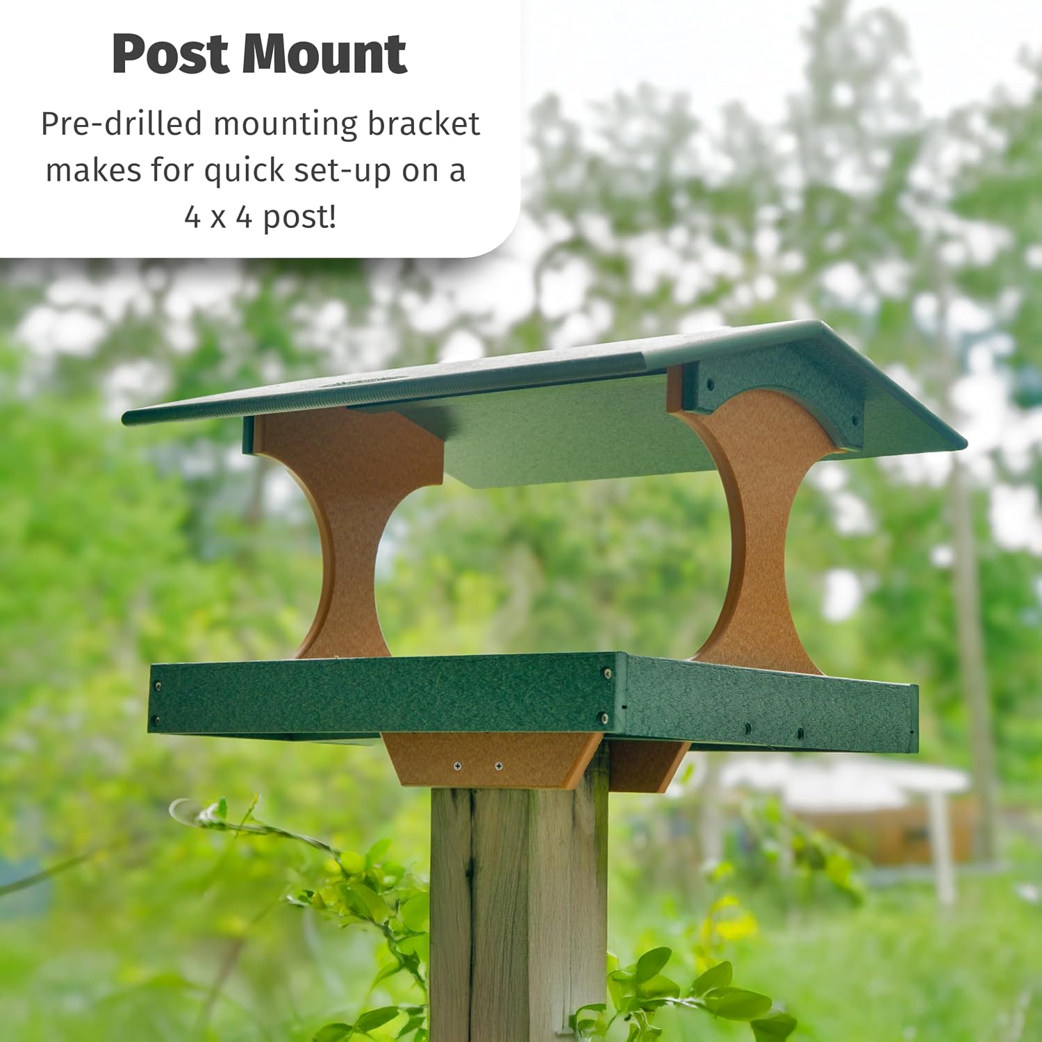 DutchCrafters Amish USA Made Poly Extra Large Fly Through Bird Feeder Post Mount for 4" x 4", Covered Bird Feeder Open Platform Seed Tray for Outdoor, Outside, Garden, Yard (Turf Green & Cedar)