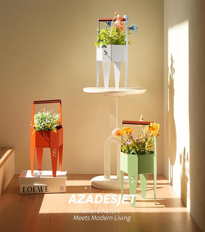 Planter with Stand, Metal 2 in 1 Portable Planter with Grow Bags & Handle, Stable Stylish Indoor Plant Pots with Stand, Modern Flower Pots Outdoor, 7.5'' x 17.3'', Green, Plant Not Included