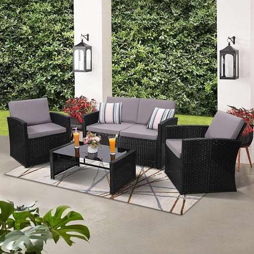 4-Piece Patio Furniture Set, Wicker Outdoor Rattan Sectional Sofa with Cushions and Glass Table, All-Weather Outdoor Conversation Set, Ideal for Garden, Porch, Backyard, Grey