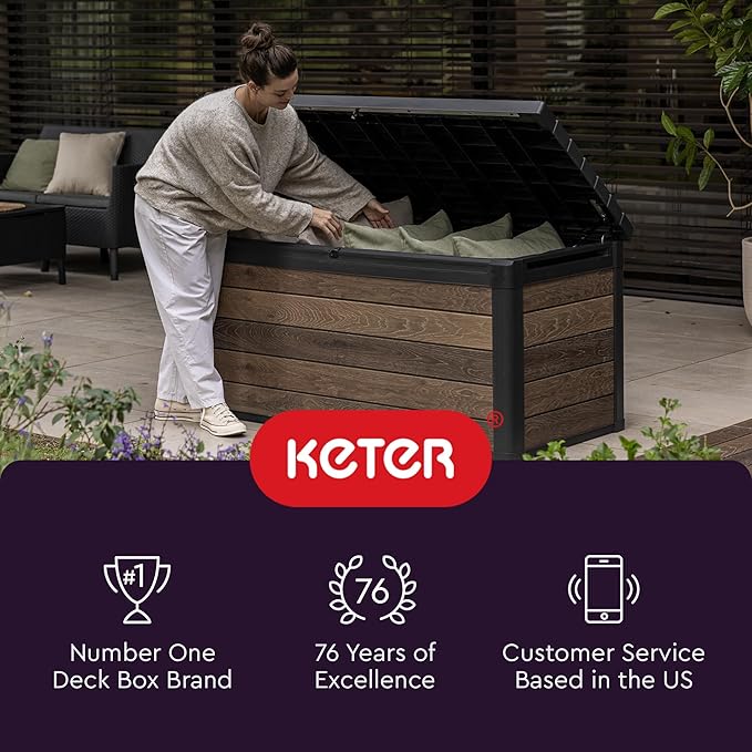 Keter City 30 Gallon Resin Outdoor Storage Box & Patio Side Table for Balcony, Pool, Deck & Garden Accessories, Weather‑Resistant, Dark Grey