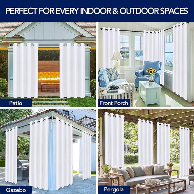 PureFit Outdoor Curtains for Patio Waterproof Weatherproof, UV Resistant Outside Curtains for Gazebo, Front Porch, Pergola, Sun Blocking Privacy Curtain, 52W x 120L inch, 1 Panel, White