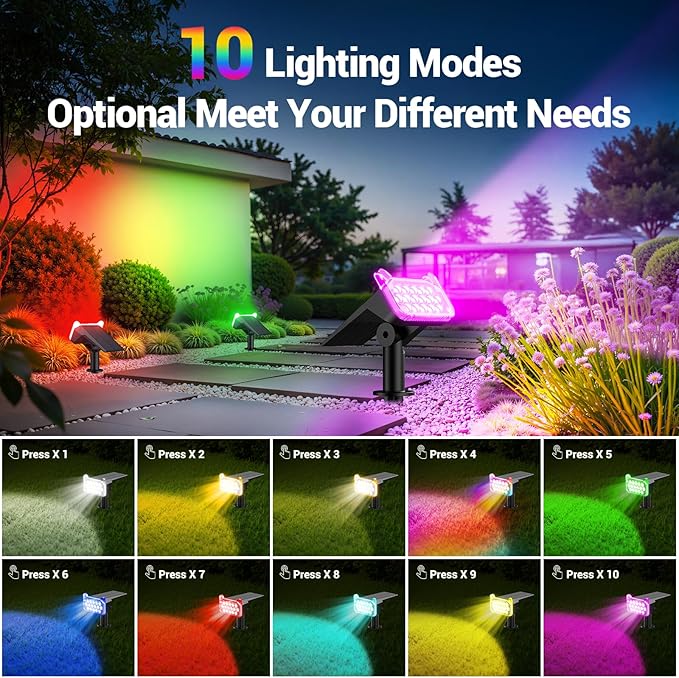 WdtPro 6 Pack Solar Color Changing Spot Lights, 10 Lighting Modes, Multicolor RGB Outdoor Lights, 9 Colors Auto Cycling Landscape Spotlights for Yard Garden Decoration