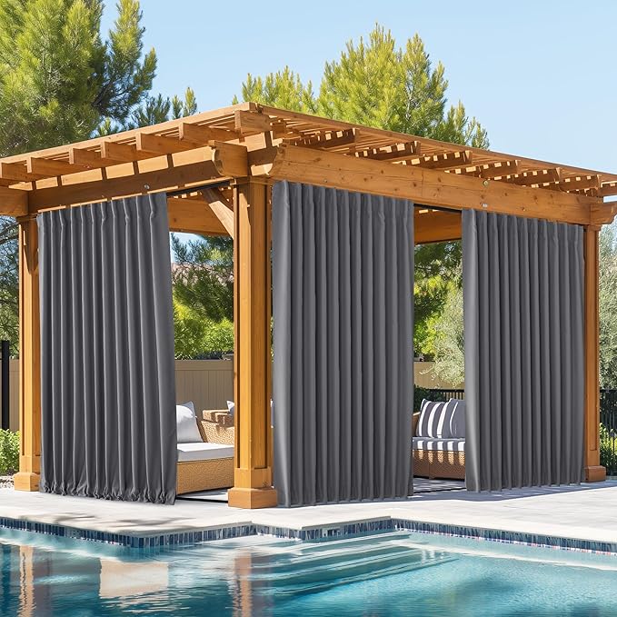 NICETOWN 2 Panels Outdoor Curtains Waterproof Pocket & Back Tab on Top & Bottom, Thermal Insulated Windproof Sun Blocking Outside Privacy Drapes for Patio with Fixed Rope, W84 x L84, Grey