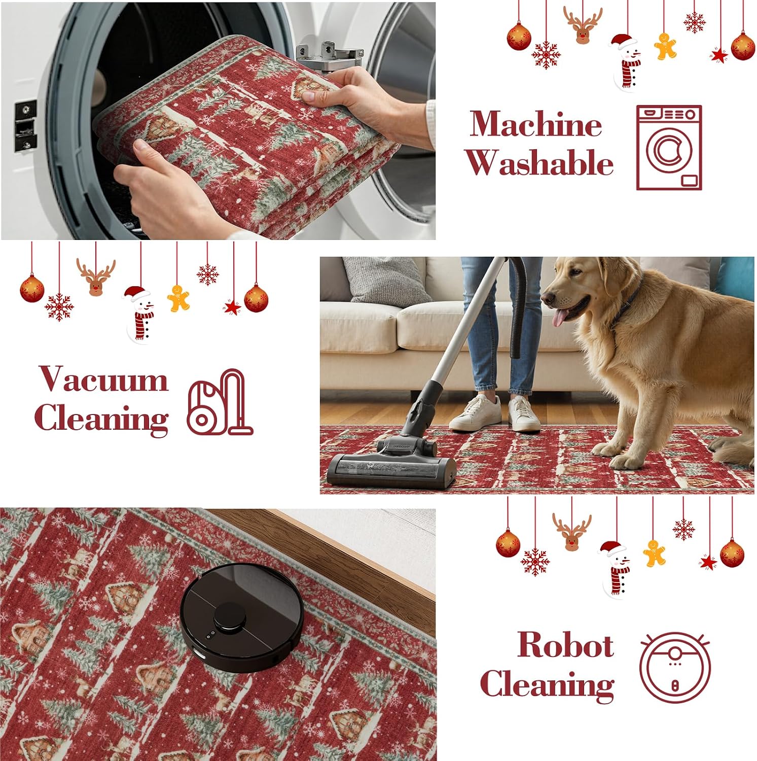 Christmas Runner Rug 2x6 Red Rugs for Hallway Winter Home Decor | Washable Entryway Rugs Runner, Non Slip Kitchen Rug, Xmas Elk Stain Resistant Bathroom Bedside Carpets for Holiday Decor