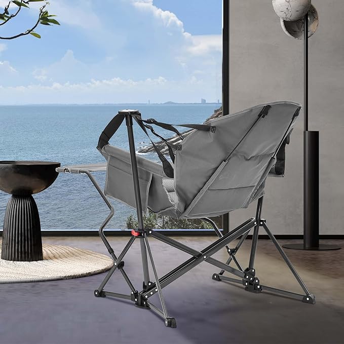 Ainfox Hammock Camping Chair with Footrest, Foldable Portable Rocking Chairs for Adults Outside Swinging Camp with Cup Holder Pillow for Outdoor Patio Poolside (Light Grey)