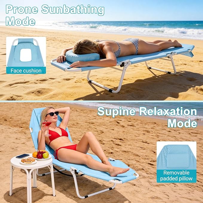 ABORON 2-in-1 Tanning Chair with Face Hole, Folding Camping Cot for Adults, 5-Position Adjustable Lounge Chair with Pillow, Heavy Duty 600D Oxford Portable Cot for Beach, Patio, Poolside