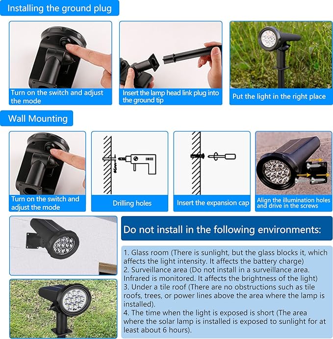 Solar Spot Lights Outdoor，Solar Lights Outdoor Waterproof IP68，Dark Sensing Auto On/Off，Suitable for Garden, Corridor Landscape Lighting and Flag Lighting. (Multicoloured, 6-Pack)