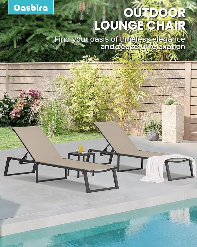 Aluminum Patio Chaise Lounge Set of 2 with 1 Side Table, Foldable Outdoor Pool Lounge Chairs 5-Position Recliner for Outside Poolside, Fully Grounded Legs Sun Lounger for Beach, Yard, Khaki