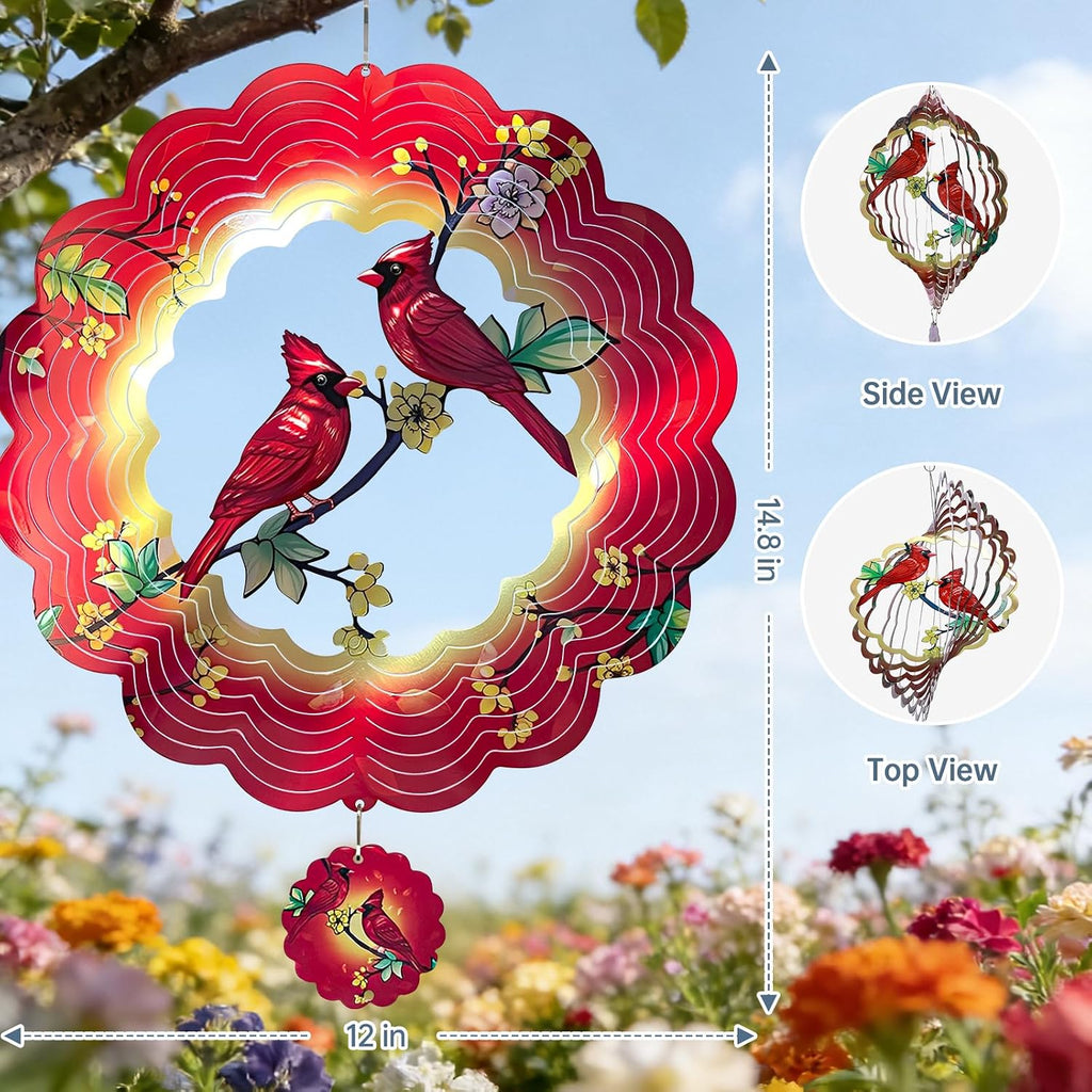 Cardinal Wind Spinners Gift for Women Men Grandma, 12 Inch 3D Metal Wind Spinners Outdoor/Indoor Hanging Deco, Stainless Steel Kinetic Art Hanging Sculpture for Yard Garden Decoration