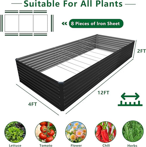 12x4x2FT Galvanized Raised Garden Bed Kit,Vegetable Plant Boxes-Rectangle Metal Flower Box,Large Planter Raised Beds Outdoor Garden for Planting,Fruit,Herb-Black