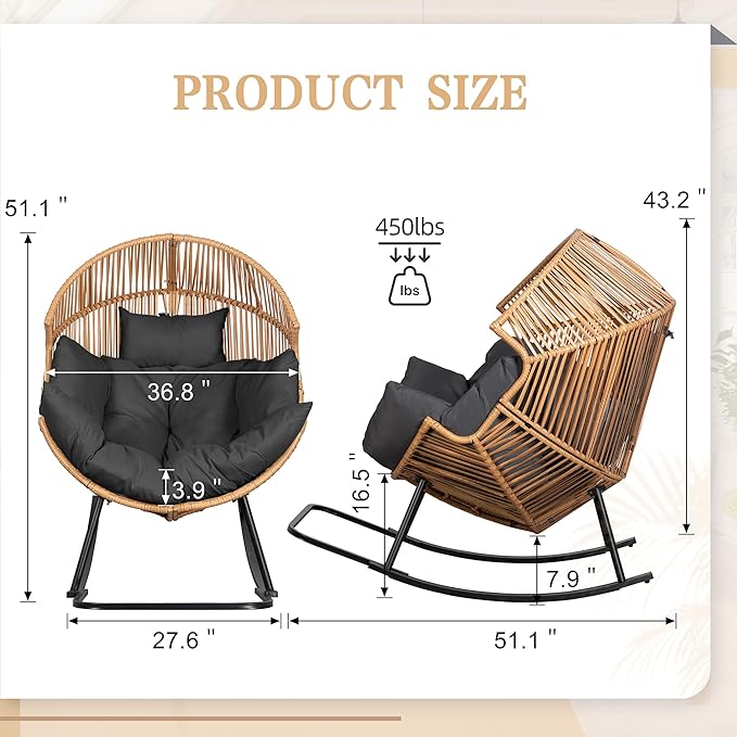 Vongrasig Wicker Egg Chair PE Rattan Rocking Chair with Cushion, Oversized Patio Lounge Rocker Chair for Outdoor, Indoor, Balcony, Backyard, Garden, Black