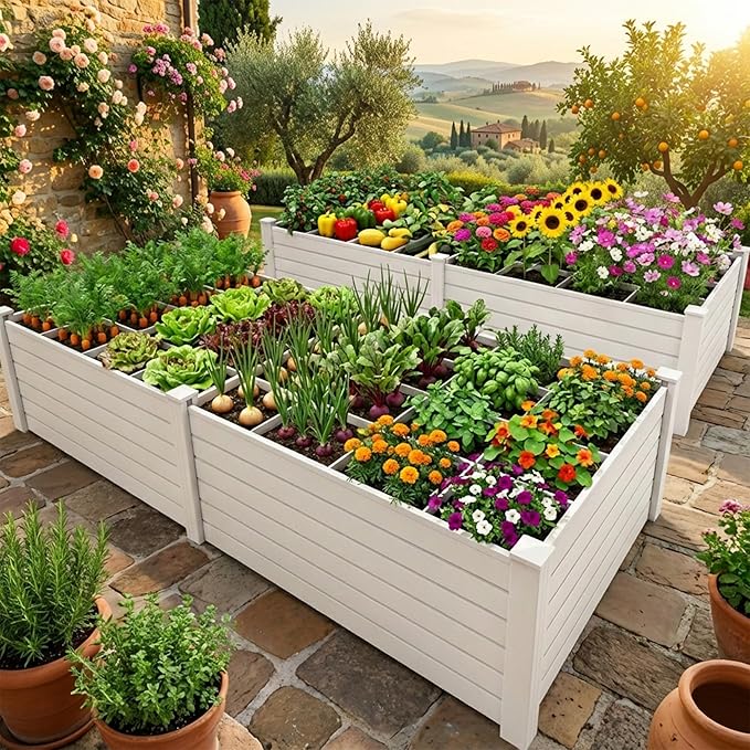 YITAHOME 48x48x24 in Plastic Raised Garden Bed 2pcs with Growth Grid, Large Outdoor Vinyl Planter Box for Plants, Vegetables, and Flowers, Easy Installation, White