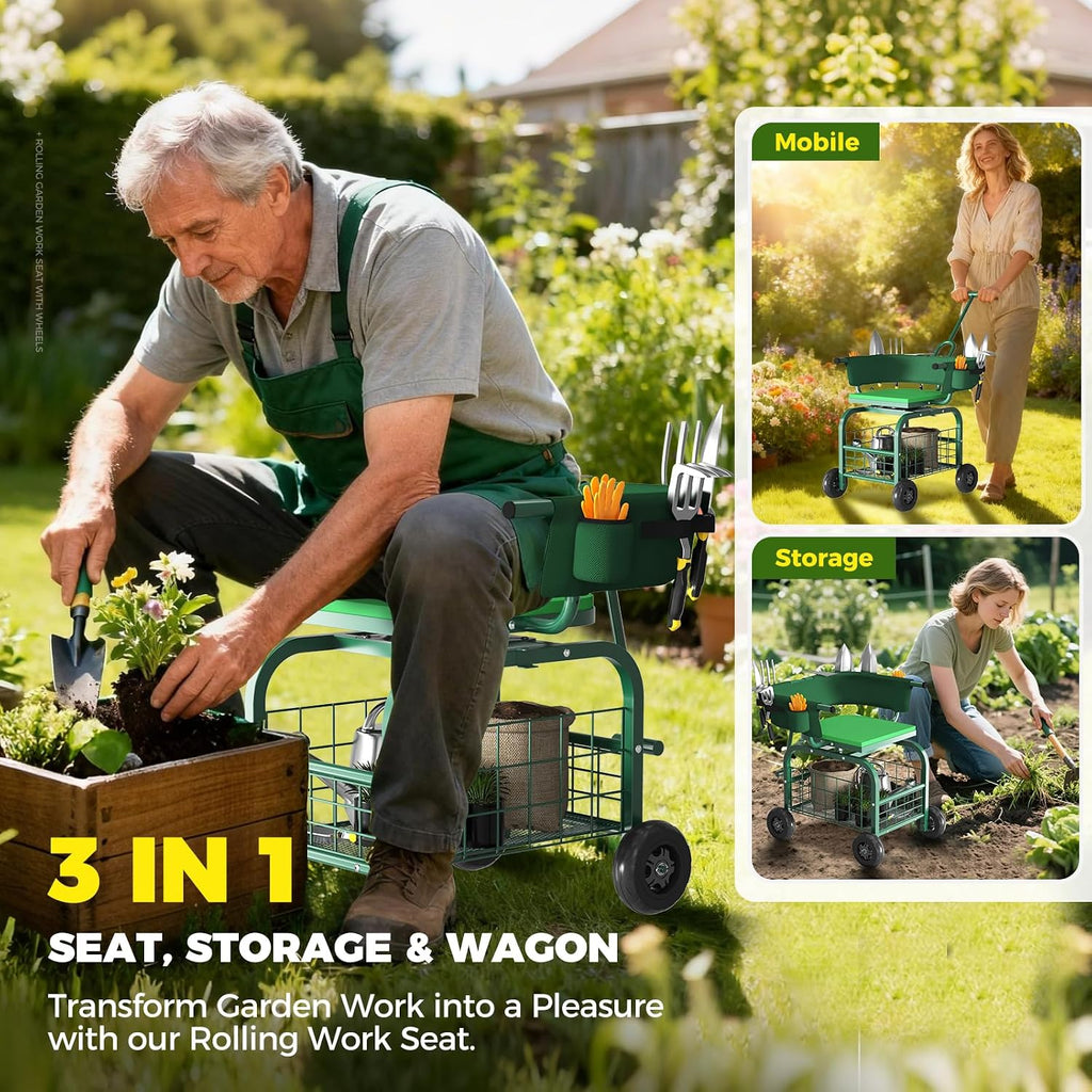 suntee garden seat with wheels, rolling gardening stool, close-up detail